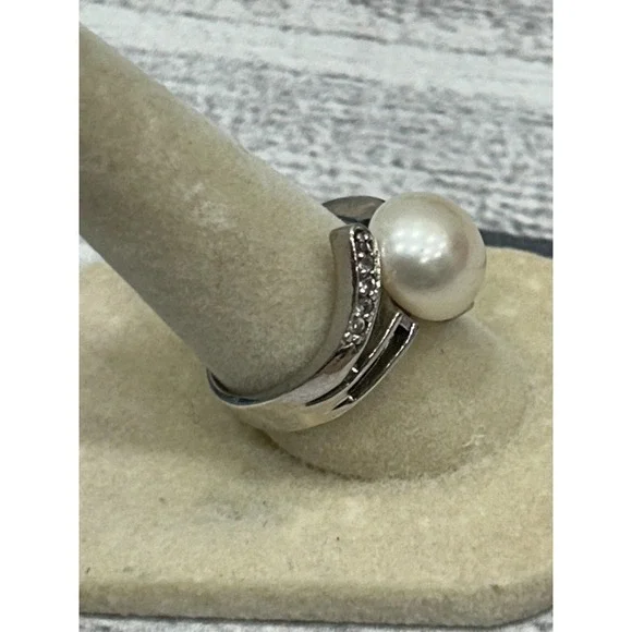 Sterling Silver 925 Pearl Cocktail‎ Ring Pave Accent Stones Split Shank Design 7 - Picture 5 of 9